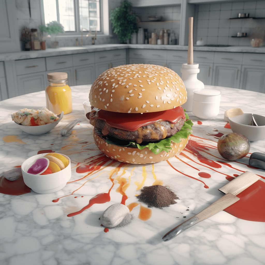 A gourmet burger with sauces spread in stylish fashion. 